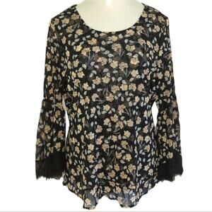 ALFANI Black Floral Peasant Boho Blouse Lace Bell Sleeves Plus 2X